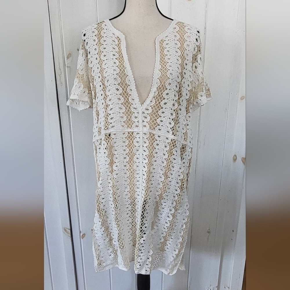 India Boutique Crochet White Tan Kaftan Swim Cover Up